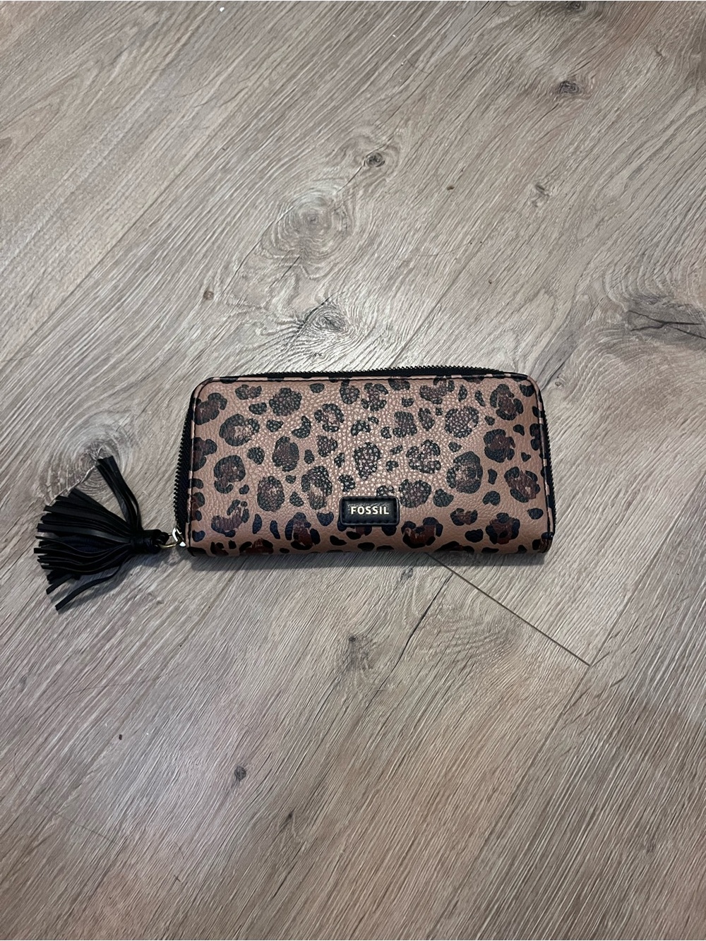 Fossil Leopard Print Zip-Around Wallet with Tassel